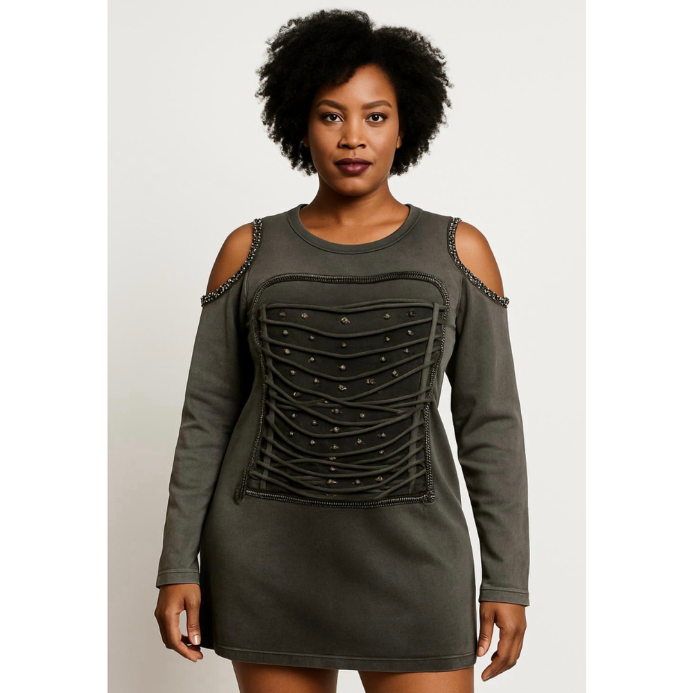Womens Zarga Gray Cold Shoulder Tunic Top Studed Med Rock Chic Cyber Grunge Edgy